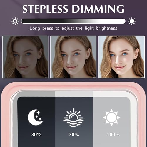 Amysmart Tri-Fold Makeup Mirror with Lights - 10X/5X Magnifying Mirror with Light, Dimmable Handheld Mirror, Compact Mirror, Rechargeable Travel Mirror for Purse & Pocket Use (Pink Tri-Fold)