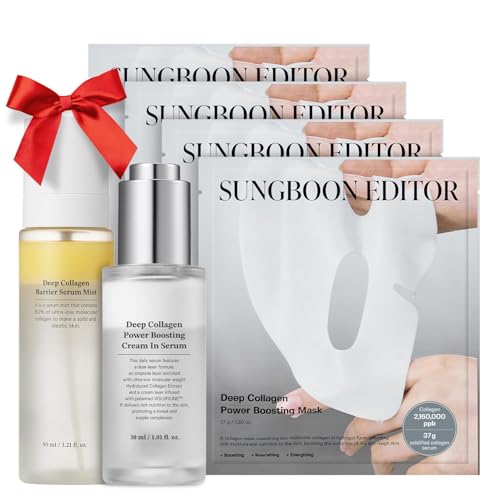SUNGBOON EDITOR Collagen Boosting TRIO: Deep Collagen Mask (4ea) & Serum Mist & Cream in Serum, Best Korean Glow Mist Care Set, Skincare Gift Sets for Mom