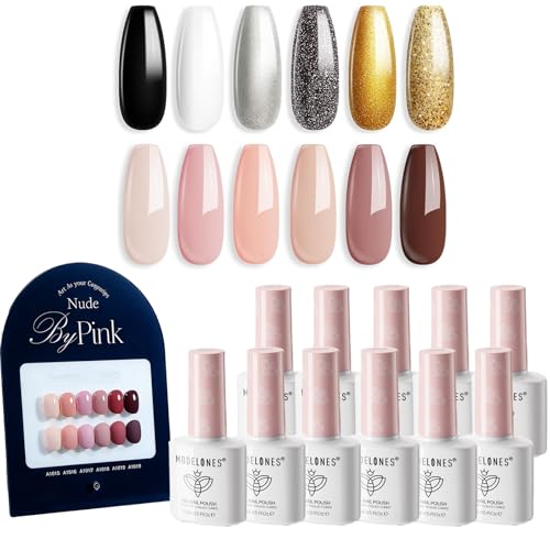 modelones Hema-free Gel Nail Polish Set 15ML 12Pcs,Black Gold White Gel Polish Kit Soak Off Gel Polish Set Manicure Nail Art Salon Home
