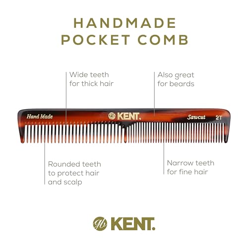 Kent 2T Fine Toot and Wide Tooth Comb For Men, Small Beard and Mustache Comb, Daily Hair Styling and Mens Grooming Combs,Handmade Saw-Cut and Polished, Made in England
