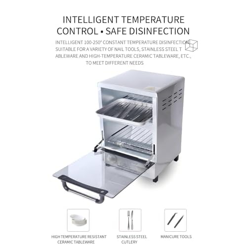 Sterilizer for Nail Tools, 12L Multifunctional High Temperature Cleaning Dry Box Stainless Steel with Temp Control, Tweezer Sterilizer, Stainless Trays, Timer, Nail Salon Equipment