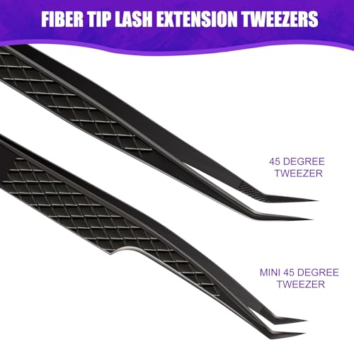 Fiber Tip Lash Tweezers for Eyelash Extension, High Precision Eyelash Tweezer Set with Diamond Grip, Lash Extension Tweezer Kit for Classic & Volume Lashes, Must-Have Tweezers for Lash Artists