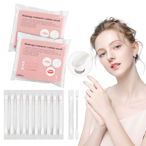 Cotton Swabs,Cotton Makeup Remover Swabs,Eye & Lip Sticks Remover,Liquid-Filled Makeup Remover Swabs Disposable Cotton Swabs for Eye/Lip/Eyebrow/Eyelash Makeup (Pack of 200)