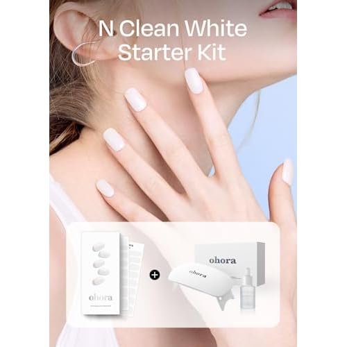ohora Bundle Set (N Clean White Starter Kit) - White Solid Gel Nail Strips with UV/LED Lamp and Mini Remover, Salon-Quality, Long Lasting, Easy to Apply, Remove, Prep Pads, Nail File, Wooden Stick