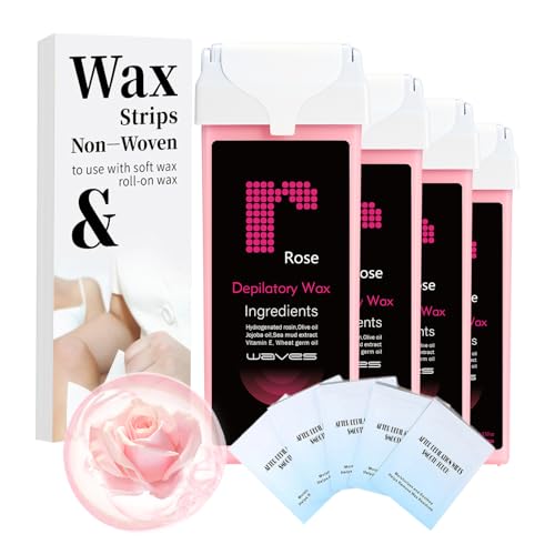 Roll On Wax Refill- Easy Home Waxing for Large Areas, 6 Weeks Smooth Skin (4 Wax Cartridges, 50 Waxing Strips, 5 Removal Wipes) (Rose)