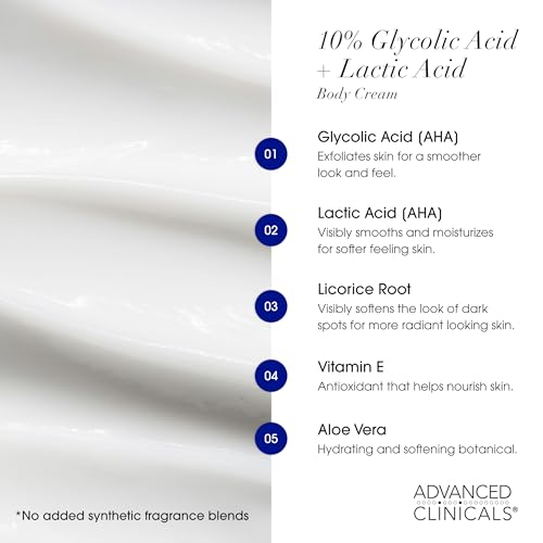 Advanced Clinicals 10% Glycolic Acid + Lactic Acid Lotion Exfoliant Moisturizing Cream With Hyaluronic Acid Moisturizer | AHA Exfoliating Body Cream Improves Look Of Uneven Rough Skin Texture, 2-Pack