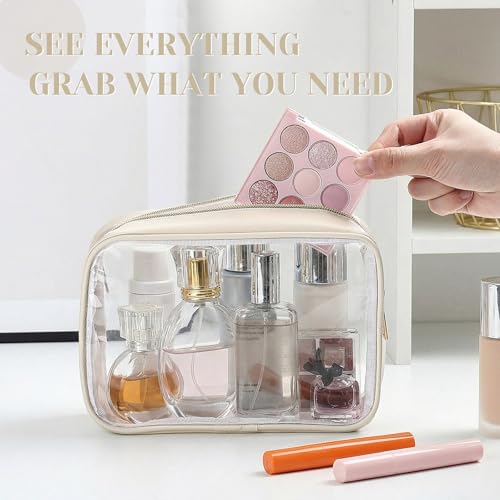 Abbylike 10 Pcs Clear Makeup Bags Bulk PU Leather Portable Travel Cosmetic Case Tsa Approved Toiletry Bags with Zipper Car Console Organizer Waterproof Makeup Pouch for Girl Women Travel (Light Beige)