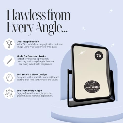 Danielle Creations Rectangle Soft Touch Vanity Mirror, Black, 1x/7x Magnifying Makeup Mirror with Stand, Portable Tabletop Bathroom or Desk Mirror
