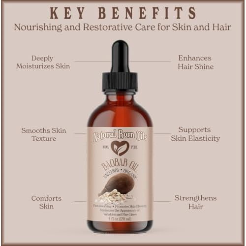 Natural Born Oils Baobab Oil, 8oz, Organic, Cold-Pressed, Antioxidant-Rich, Enhances Skin Elasticity, Strengthens Hair