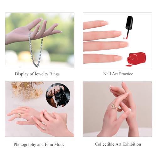 Silicone Realistic Female Hand Acrylic Nails Pratice Training For Nail Art Showing Jewelry Life Size Female Model Flexible Bendable (Right Hand-Without Skeleton, Ivory)