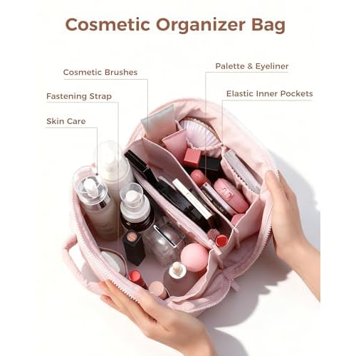 Travel Makeup Bag for Women, 2Pcs Large Capacity 180 Lay-Flat Toiletry Organizer with Brush Compartment, Waterproof Quilted Cosmetic Bag with Multiple Pockets for Travel, Vacation, Business Trip