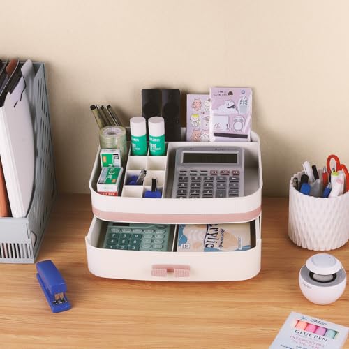 Large Makeup Organizer Countertop, Stackable Vanity Organizer with Drawer Cosmetic Organizer Tray, Make Up Organizers for Vanity, Makeup Storage Counter(Light Pink)