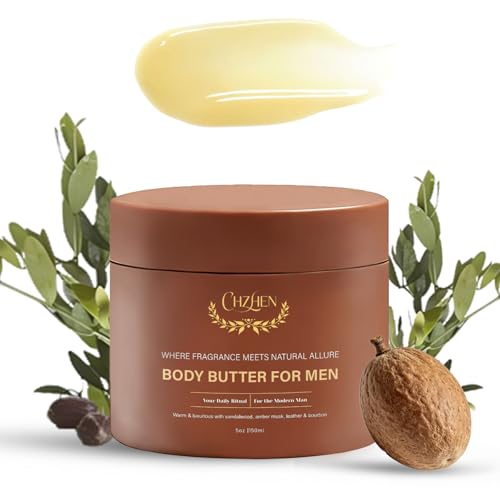 Premium Men's Moisturizing Body Butter - Infused with Natural Shea Butter & Mango Butter - Warm Woody Cologne Scent with Sandalwood Notes - Long Lasting Hydration - 5oz Men's (Sandalwood)