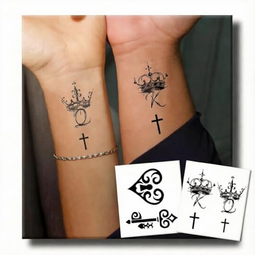 Semi Permanent Tattoo for Women Men, 2 Sheets Realistic Temporary Tattoos, Lasts 2 Weeks Fake Tattoo for Arm Wrist, Waterproof Non-Reflective, Heart Lock Key & Elegant Crown Cross Couple Tattoos
