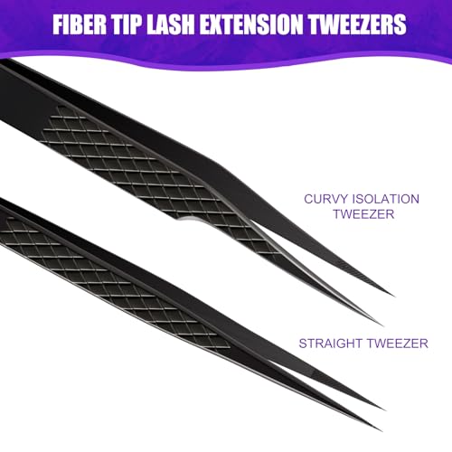 Fiber Tip Lash Tweezers for Eyelash Extension, High Precision Eyelash Tweezer Set with Diamond Grip, Lash Extension Tweezer Kit for Classic & Volume Lashes, Must-Have Tweezers for Lash Artists