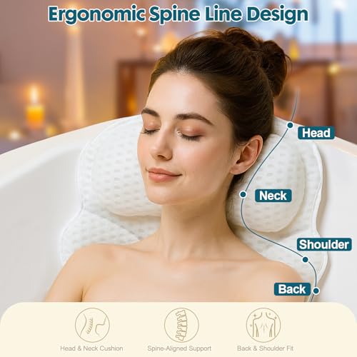 Bath Pillows for Tub ? Bathtub Pillow with Head, Neck & Shoulder Support, Non-Slip Tub Pillow for Bathtub & Jacuzzi, Breathable Bath Tub Pillow with Wash Bag, Bath Accessories Gift for Women & Men