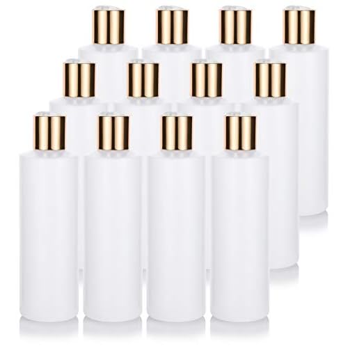 JUVITUS 8 oz Clear Natural Refillable Plastic Squeeze Bottle with Gold Metal Disc Cap (12 Pack)