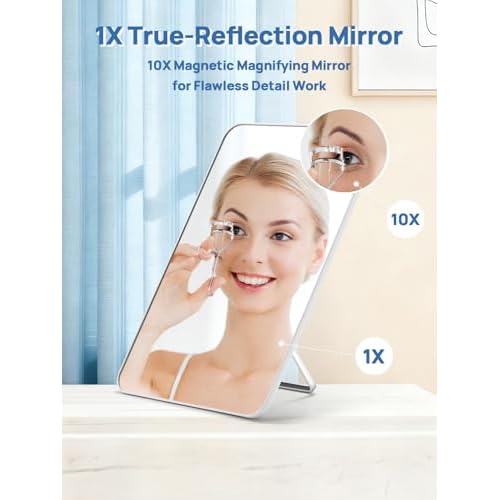 OMIRO Desk Makeup Mirror with 10X Magnifying Mirror, 10 x 7 inches Large Table Mirror with Adjustable Stand and Hanging Hole for Shaving and Travelling, White
