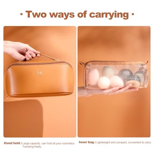 BS-MALL Travel Makeup Bag ? Portable Large Capacity Toiletry Bag Perfect for Organizing Travel Size Toiletries, Flat Opening for Easy Access with 1 Makeup Brush & Zipper Bag