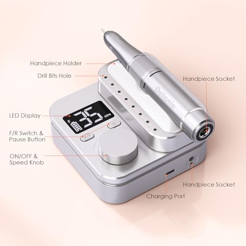 Delanie Electric Nail Drill Machine 35000 RPM, E File for Nails Professional with Magnetic Handpiece Holder, Rechargeable Electric Nail File with 7 bits & 36 Sanding Bands for Manicure Pedicure