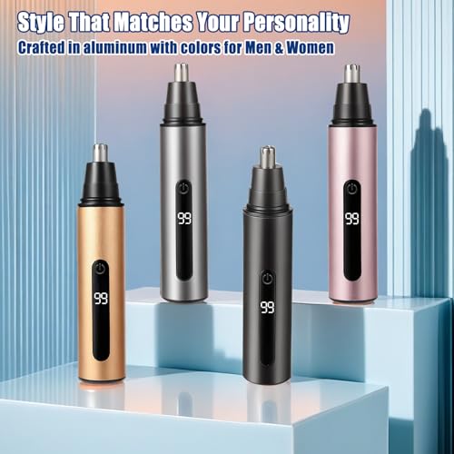 SYAWS Nose Hair Trimmer for Men and Women,USB Rechargeable Eyebrow & Facial Hair Remover with LED Display,Aluminum Alloy Shell with IPX7 Waterproof,Dual Edge Blades for Easy Cleaning (Pink Gold)