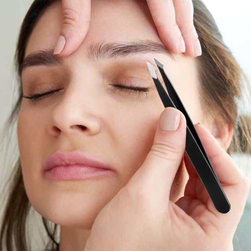 12 Pcs Eyebrow Tweezers Bulk, Stainless Steel Tweezers for Eyebrows Slanted Tip Precision Tweezer for Facial Hair Ingrown Hair Blackhead Splinter Removal and Lash Extension for Men Women (Black)