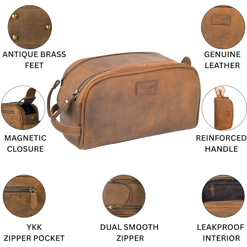 Rasavi Genuine Leather Travel Toiletry Bag, Handcrafted Vintage Water-Resistance Dopp Kit, Large Shaving & Bathroom Organizer - Gift for Men & Women - Distressed Brown