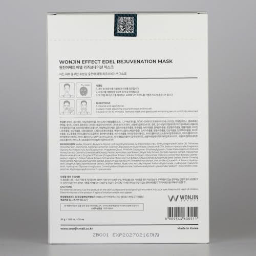 Wonjin Effect EDEL REJUVENATION MASK 1.05 fl Oz*10 pieces, Hydrating, Moisturizing, Skin Elasticity, Wrinkle Care, Hyaluronic Acid, Collagen, Centella Asiatica