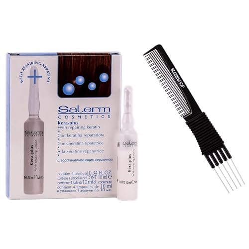 Salerm Cosmetics KERA-PLUS with Repairing Keratin, Straight Hair for Straightening, Protects from Damage Caused by Heat Tools (w/Sleek Teasing Comb) Keraplus + (4 phials of 0.34 oz (PACK OF 1))