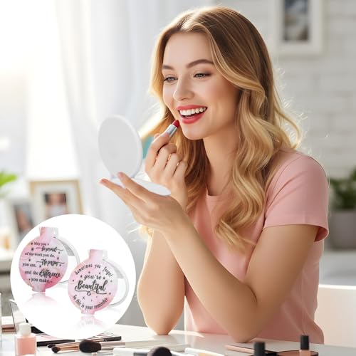 100pcs Light Pink Compact Mirror Bulk Gifts for Women, Mini Inspirational Purse Handheld Makeup Pocket Mirror, Round Portable Makeup Folding Mirrors Gift for Christmas Valentine Daily Travel Coworker