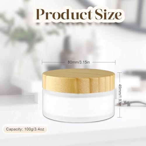 4 Pcs 100g/3.4oz Cosmetic Containers Frosted Glass Jar Empty Sample Jars with Bamboo Lids for Cream Lotion Lip Balm Makeup