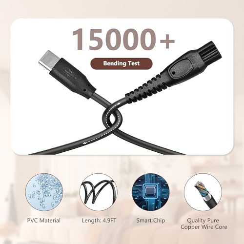15V Charger with USB-C Replacement Power Cord Bundle for Philips Norelco Shavers & Beard Trimmers?Compatible with HQ8505, QP6531, MG7750, S1211, S9987, BT3210, BT3230, BT5511, BG5025, OneBlade