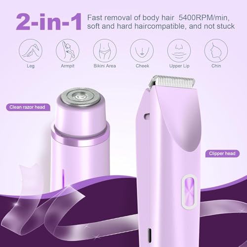 Bikini Trimmer for Women Dual Head,Painless Electric Razors,Bikini Shaver for Pubic Hair, Face, Legs(Grape Purple)