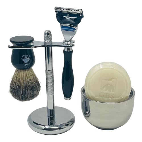 G.B.S Premium Shaving Set for Men ? Pure Badger Brush, Fusion Compatible 5-Blade Razor with Weighted Ebony Handle, Natural Shave Soap, Chrome Stand & Stainless Steel Bowl