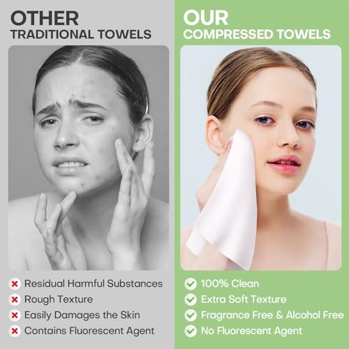 Compressed Towel Tablets 200 Count, Thicken Disposable Face Towel with 2 Carry Cases, Biodegradable & Compact, Cotton Clean Face Towels for Outdoor Camping Hiking Travel Gym BBQ Home
