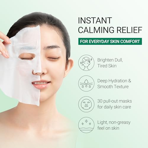 tenzero Daily Cica Soothing Mask (30 Sheets), Calming, Redness Soothing & Hydrating Face Mask, For Sensitive Skin with Centella Asiatica, Plant-based Cellulose Mask, For Daily Use, Korean Skincare