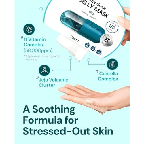 Vita Genic Jelly Face CICA Mask 10EA ? Soothing & Hydrating Sheet Mask for Sensitive Skin, Korean Glass Skin Care with Centella, Vitamin C, Biotin & Niacinamide, Fragrance-Free, Pack of 2