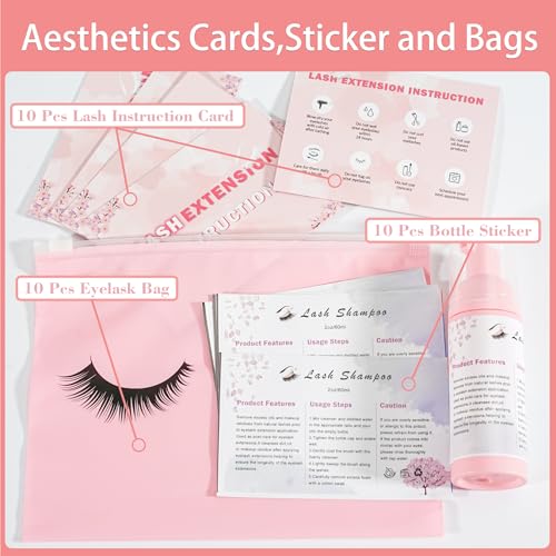 60pcs Lash Extension Cleaning Kit for Clients,10pcs Lash Brushes,10pcs Eyelash Brush with Tubes,10pcs Lash Bottles,10pcs Eyelash Bags,10pcs Lash Shampoo Stickers,10pcs Instruction Card (Pink 2)