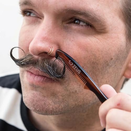 ZEUS Large 5¡± Mustache Comb for Men, Handmade Saw Cut, Long Handle Beard & Mustache Grooming Tool for Precise Styling (Tortoiseshell) P12