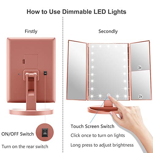 WEILY Makeup Mirror with 21 LED Lights,Two Power Supply, Touch Screen and 1x/2x/3x Magnification Tri-Fold Vanity Mirror for Makeup Desk(Rose Gold)