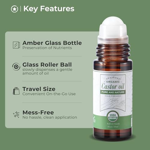 Castor Oil Roll on for Waist Belly Body Skin, Certified Organic Pure Cold Pressed Body Castor Oil Roller Stick Glass Bottle - 1fl.oz