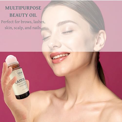 Castor Oil with Rose Quartz Roller ? Made with Organic Castor Oil, 100% Pure, Cold-Pressed & Hexane-Free | Ideal For Hair, Lashes, Brows, Skin (50ml)
