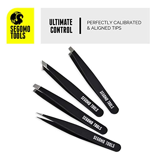 Segomo Tools 4 Piece Tweezer Set - Tweezers For Women - Ingrown Hair Removal Kit - Eyebrow Plucker - Precision Tweezers - Flat, Angled, Slant & Pointed Tweezers - TW004