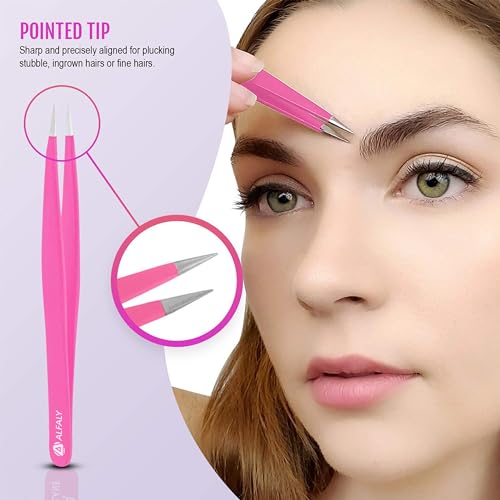 Tweezers Set - Professional Stainless Steel 5-Piece Precision Tweezer for Men & Women - Great for Facial Hair Removal, Eyebrow Shaping, Splinters & Ingrown (Pink)