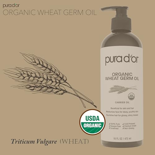 PURA D'OR ORGANIC Wheat Germ Oil (16 Oz x2 = 32 Oz) 100% Pure & Natural USDA Certified Cold Pressed Carrier Oil - Vitamin E Rich, Moisturizing & Nourishing Anti-Aging Properties - Healthy Hair Growth