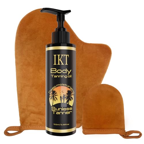Self Tanning Oil,3.38 fl. oz. Premium After Tanning Oil Moisturizer and Ergonomic Vegan Big and Small 2 Tanning Mitts | Streak-Free Self Tanner for Body & Face