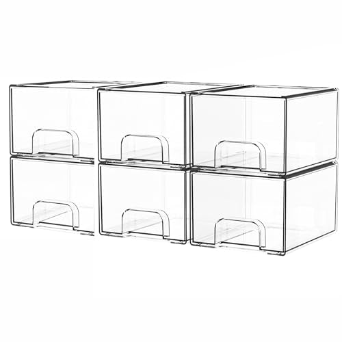 Yieach 6 Pack Small Stackable Storage Drawers,4.4 Inch Tall Stacking Acrylic Clear Storage Bins for Bathroom Vanity,Undersink,Pull Out Drawer Organizers for Beauty,Makeup,Medicine Cabinet Organizers