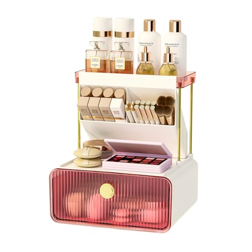 FOLLOWIN Bathroom Organizers and Storage with Drawer,Vanity Storage Organizer with Makeup Brushes Holder, Perfume Lotion Cosmetic Organizer,Blush Pink