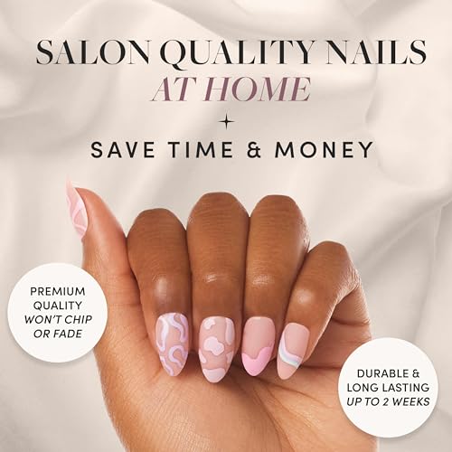 Glamnetic Press On Nails & Brush On Nail Glue Bundle - Wild Card | Semi-Transparent Short Almond Nails with Trendy Pastel Prints | 12 Sizes - 24 Nail Kit with Glue | Reusable, Salon-Quality Fake Nails