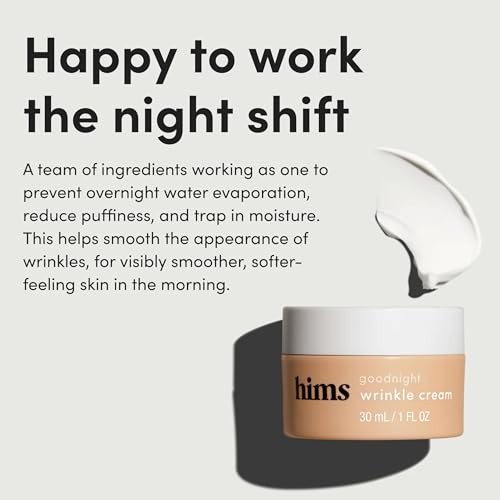hims goodnight wrinkle cream for men - fine lines, puffiness, dark eye circles - caffeine, hyaluronic acid, night cream, almond scent - vegan, cruelty-free, no parabens - (1oz)